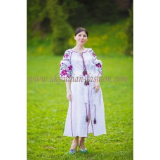 Boho Style Ukrainian Embroidered Maxi Dress White with Pink/Black Embroidery